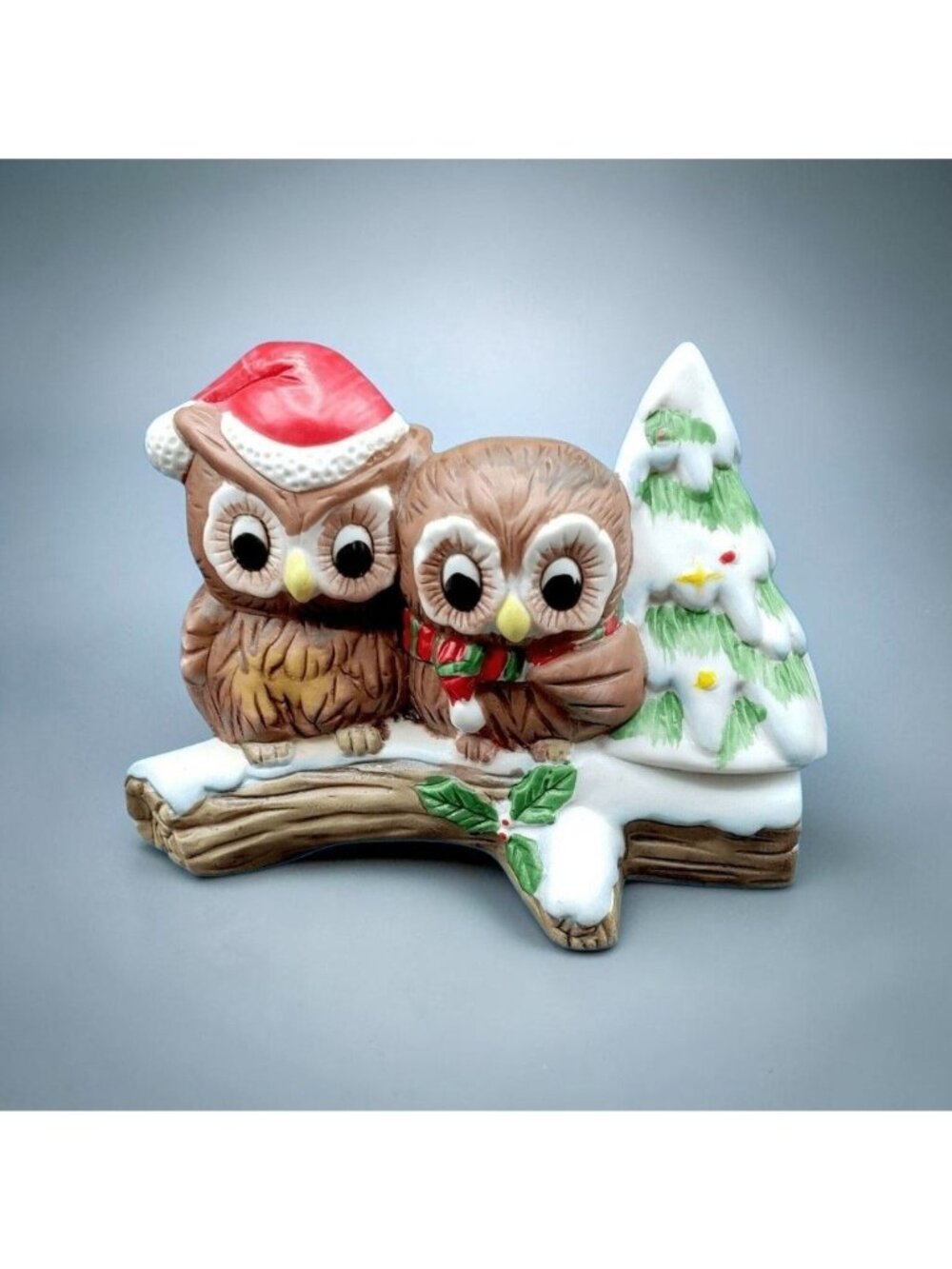 Anthropomorphic Owls Figurine Red Santa Hat Christmas Decor 1950s Taiwan UOCC